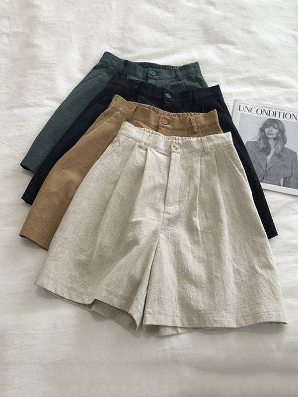 Loose Wide Leg Elasticity Pleated Solid Color Shorts: LINEN