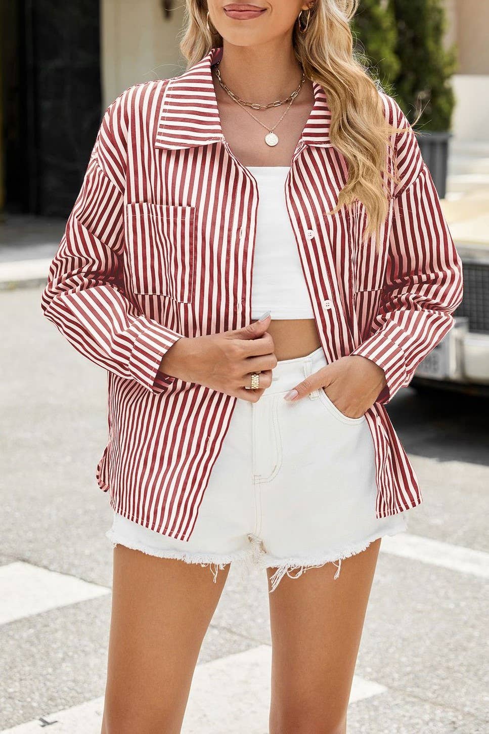 Lyviana Oversized Pink Striped loose shirt: Red