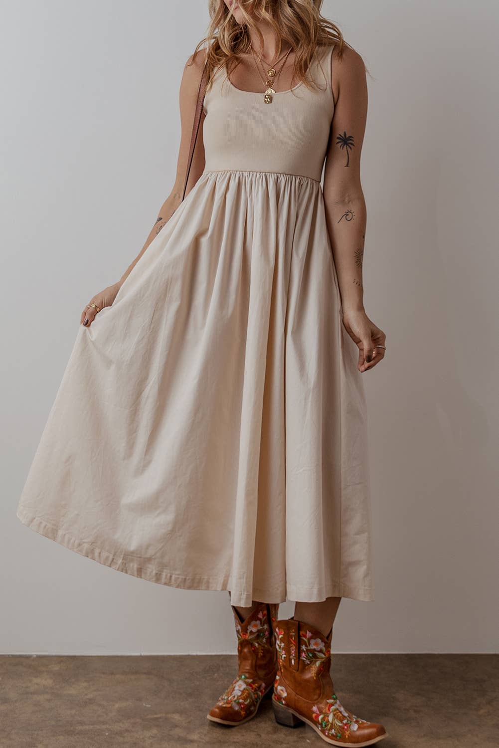 LDC Scoop Neck Ribbed Bodice Pleated Sleeveless Long Dress: Sky Blue