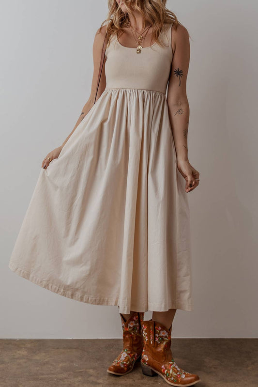 LDC Scoop Neck Ribbed Bodice Pleated Sleeveless Long Dress: Sky Blue