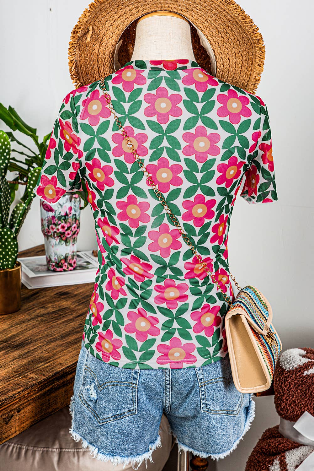 Fashion-W Retro Floral Print Crew Neck T Shirt*S - XL