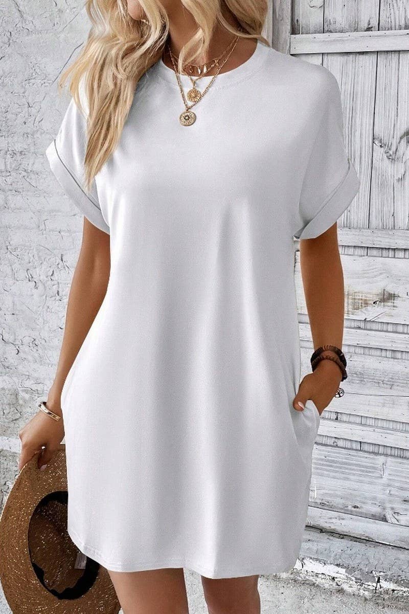 CWDSD3628_SOLID COLOR ROUND NECK LOOSE POCKET SHORT DRESS: Red