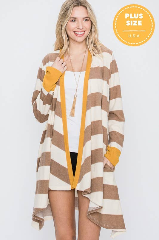 OPEN FRONT STRIPED DRAPED CARDIGAN - KRT1340: Olive