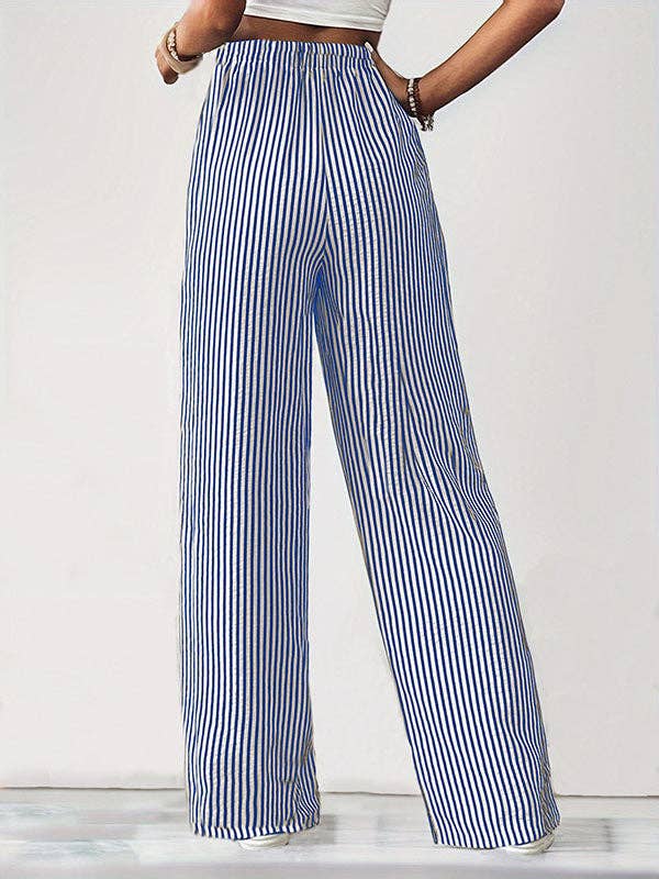 Loose Drawstring Elasticity Pockets Split-Joint Striped Pants Trousers: BLACK