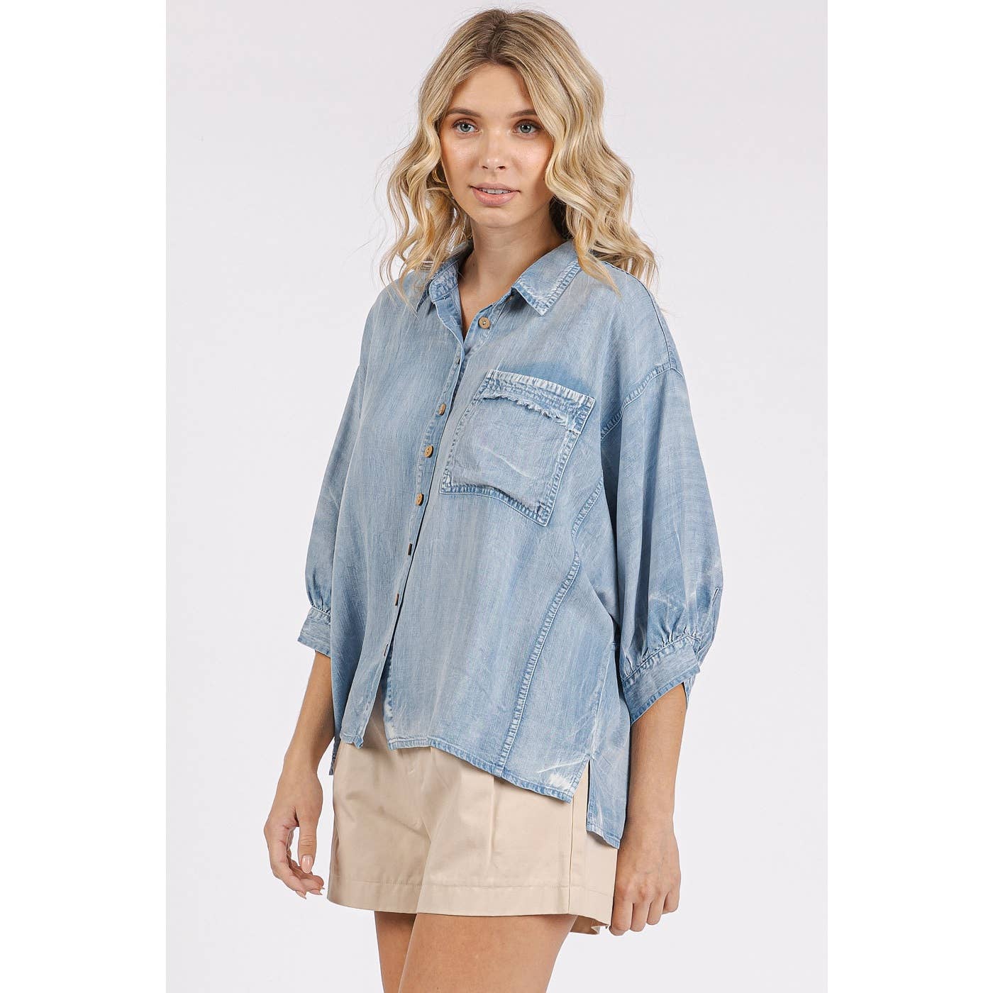 WASHED TENCEL CHAMBRAY DOLMAN SLEEVE SHIRT: DK DENIM / S-M-L(2-2-2)