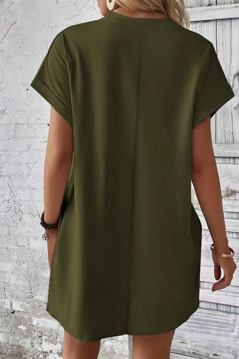 CWDSD3628_SOLID COLOR ROUND NECK LOOSE POCKET SHORT DRESS: Red
