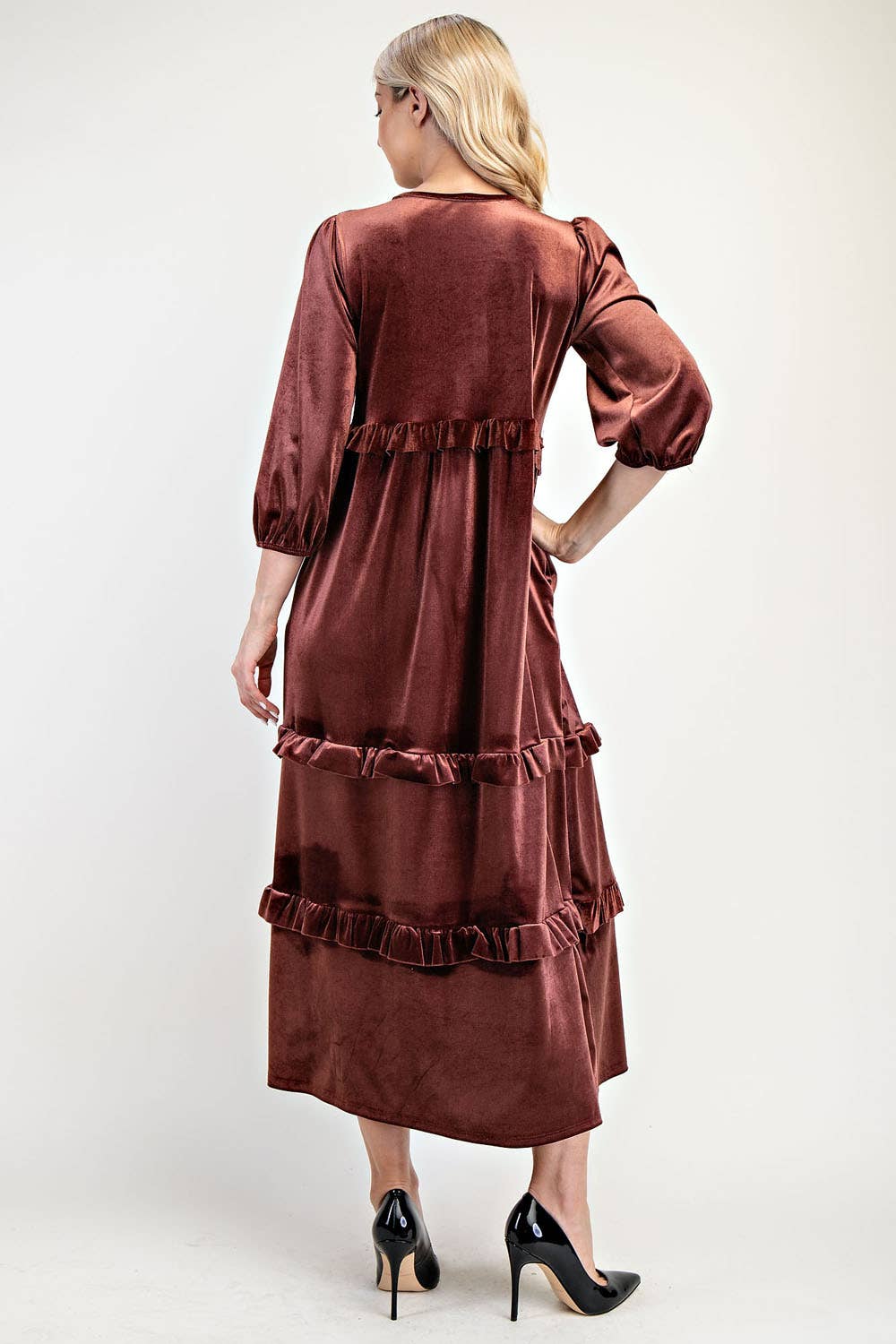 ELEGANT VELVET TIERED MODEST DRESS -MD33897: Purple