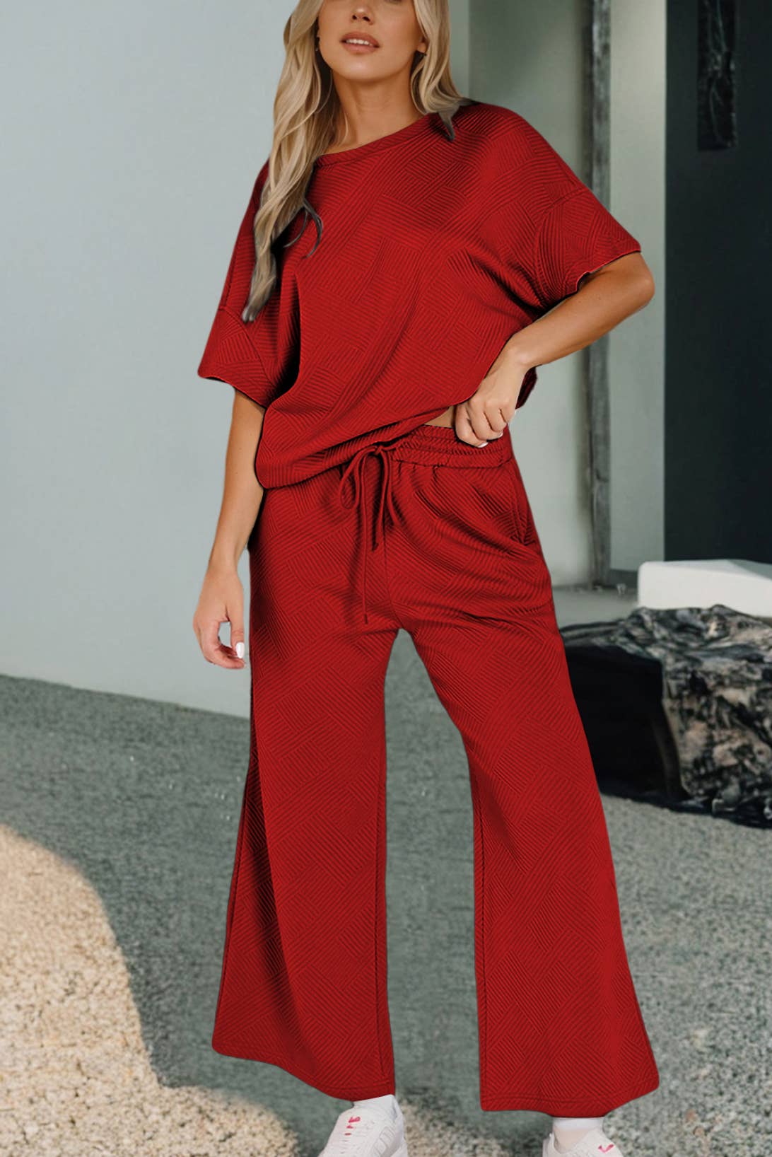 Women Multi-colored Textured T Shirt and Pants Set | S-2XL