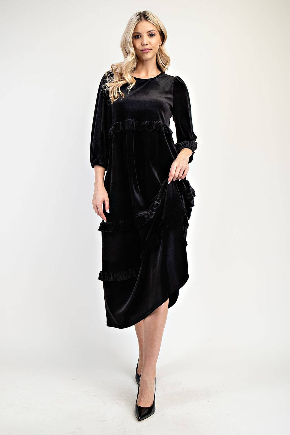 ELEGANT VELVET TIERED MODEST DRESS -MD33897: Purple
