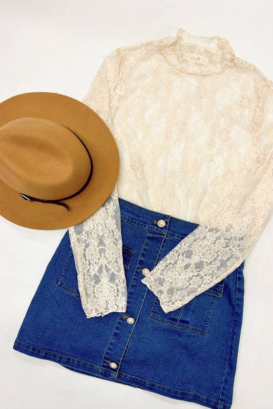 Floral print lace long sleeves top KRT1739 (Plus available): BLACK and White