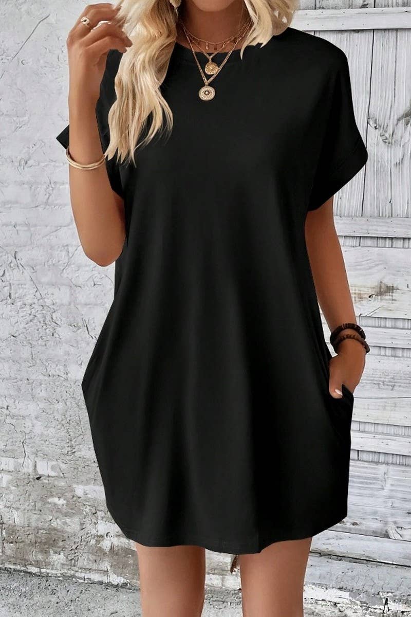 CWDSD3628_SOLID COLOR ROUND NECK LOOSE POCKET SHORT DRESS: Red