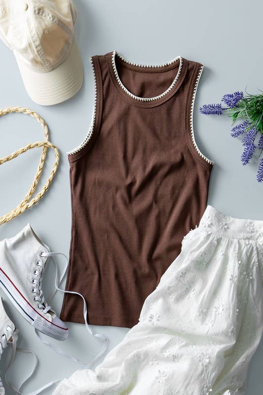 Structure Knit Casual Tank Top: Brown / S-2/M-2/L-2