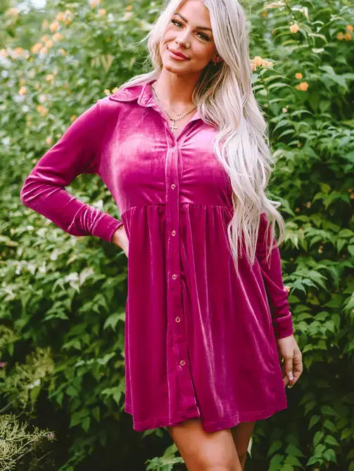 Solid Color Long Sleeve Ruffle Velvet Button Up Dress : Rose