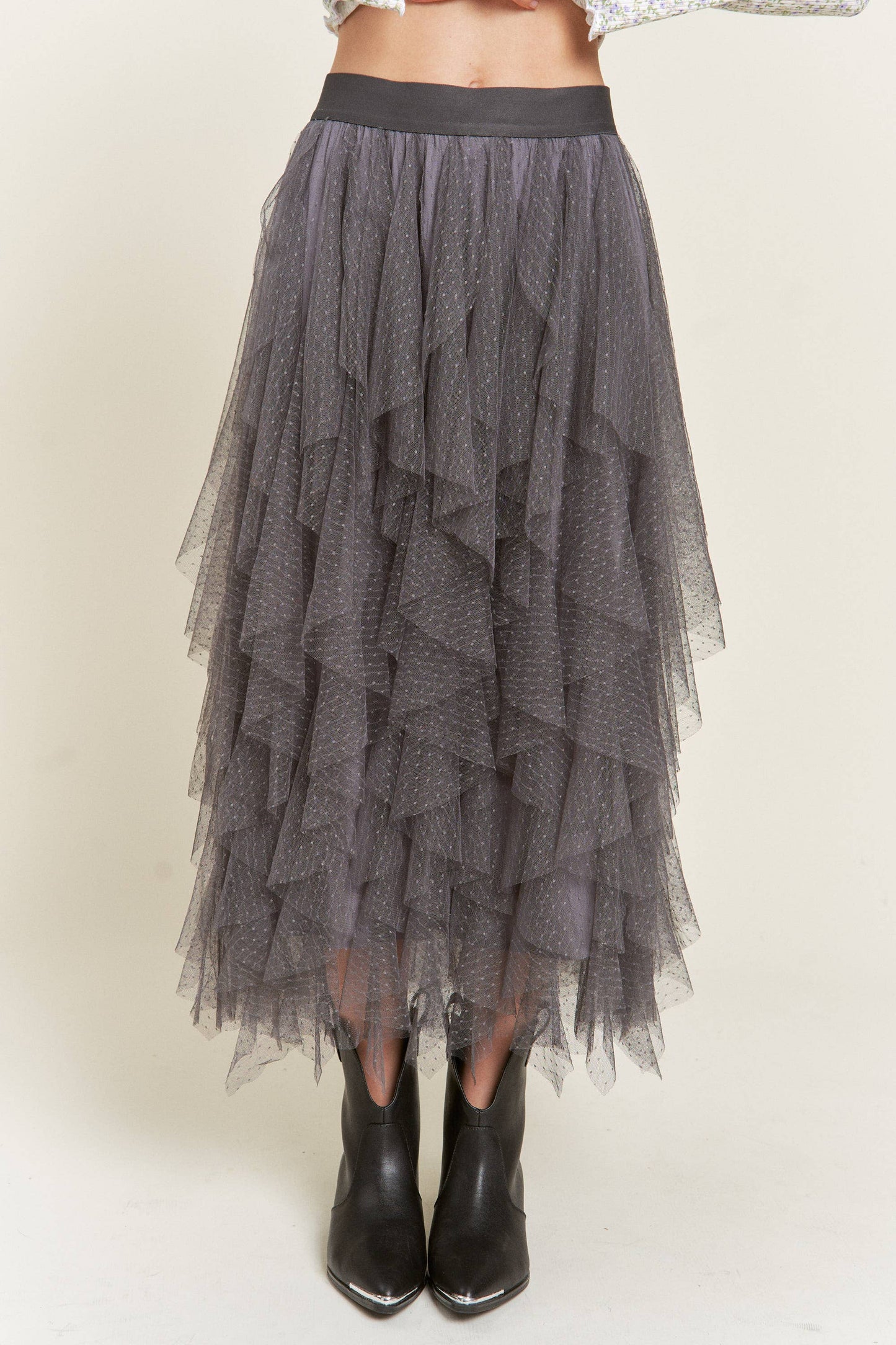 Layered Polka Dot Mesh Lined A-Line Midi Skirt JJB6007: ROSE