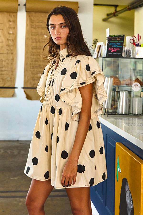 ID4283 Ruffle Sleeve Pintuck Detail Polka Dot Mini Dress: Taupe / S-M-L (2-2-2)