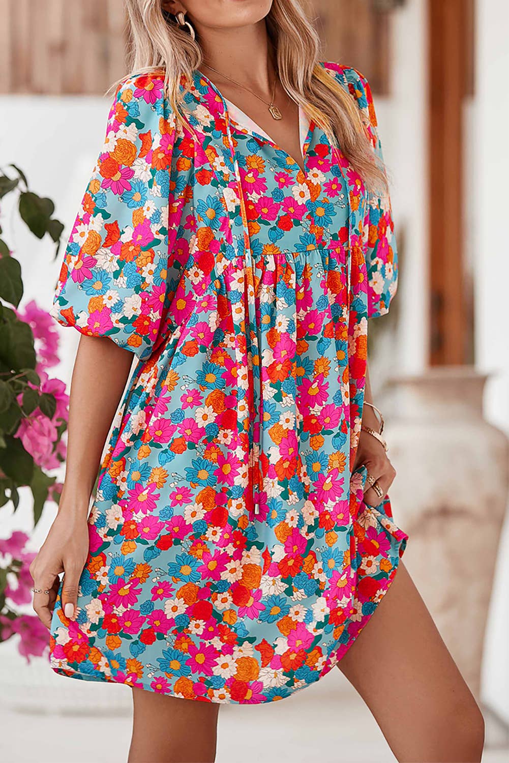 Women Floral Print Bubble Sleeve Babydoll Dress | S-XL: Multi-Colored / Missy