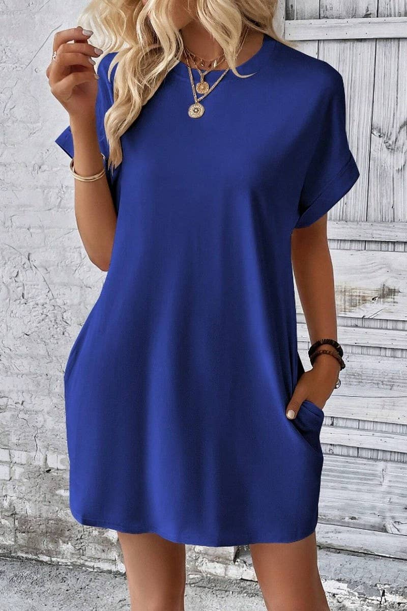 CWDSD3628_SOLID COLOR ROUND NECK LOOSE POCKET SHORT DRESS: Red