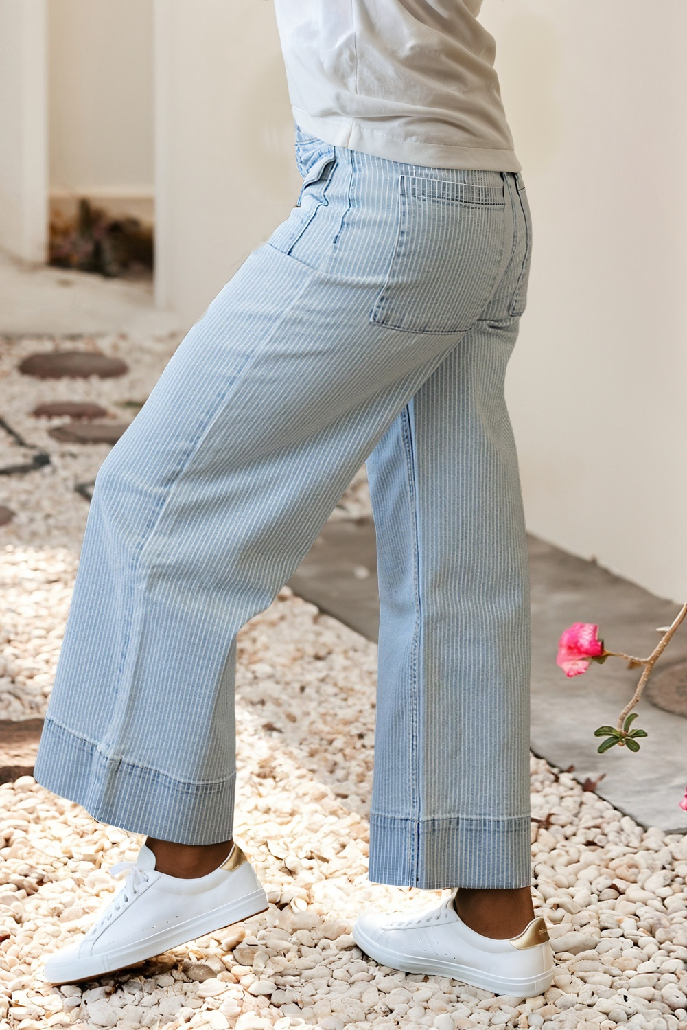 LDC Stripe Button Flap Pocket Cuffed Hem Wide Leg Jeans: Sky Blue
