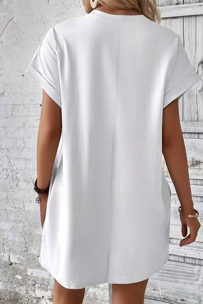 CWDSD3628_SOLID COLOR ROUND NECK LOOSE POCKET SHORT DRESS: Red