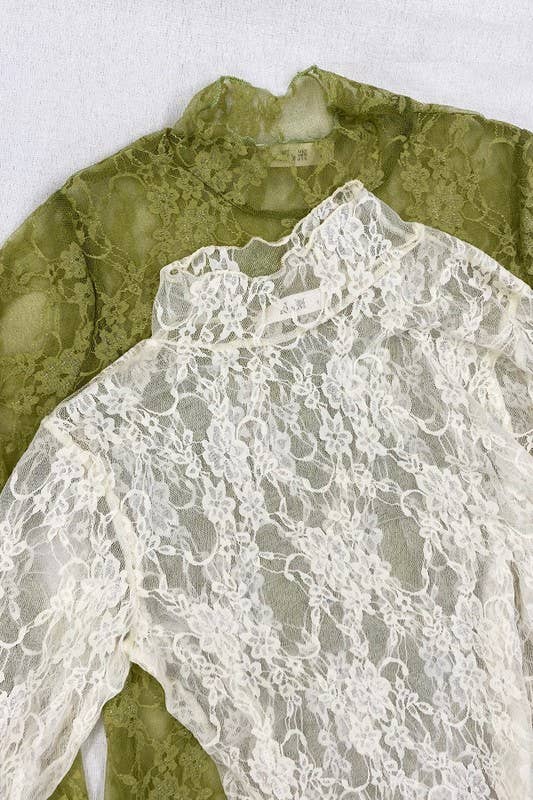 Floral print lace long sleeves top KRT1739 (Plus available): BLACK and White