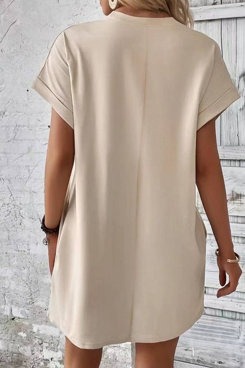 CWDSD3628_SOLID COLOR ROUND NECK LOOSE POCKET SHORT DRESS: Red