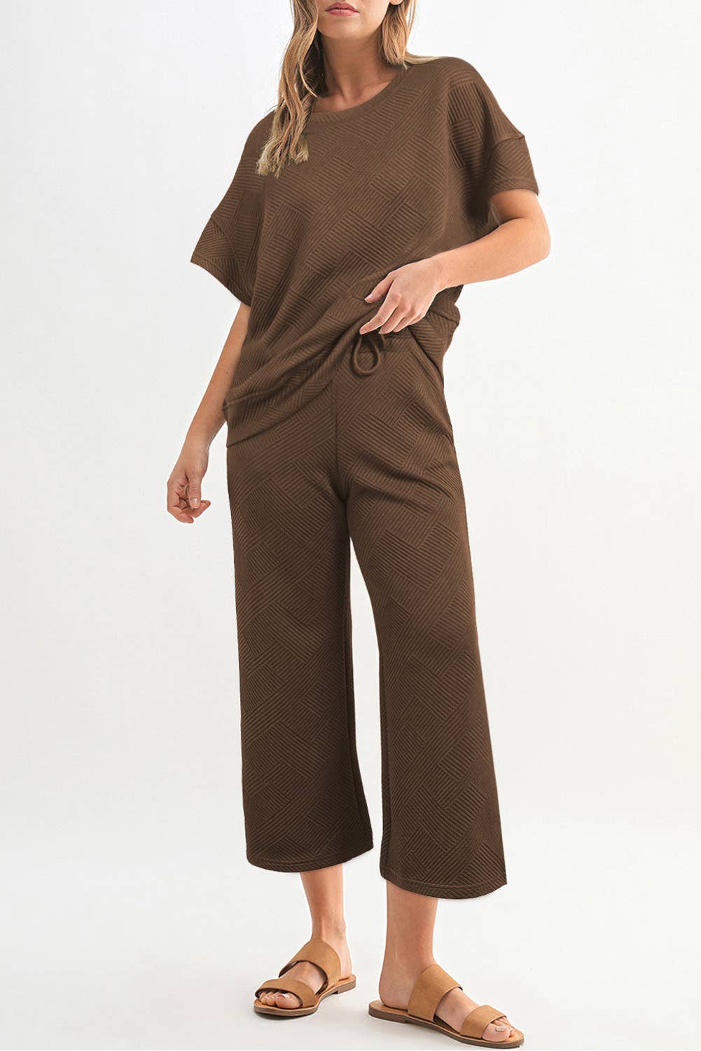 Women Multi-colored Textured T Shirt and Pants Set | S-2XL