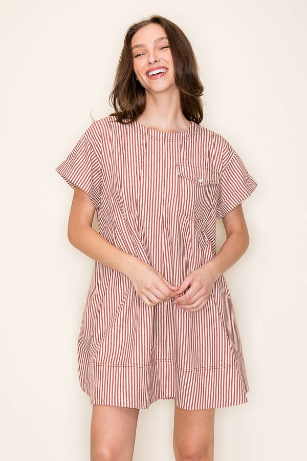 STRIPE SWING SHORT LOOSE FIT DRESS- SDD6375: RED STRIPE