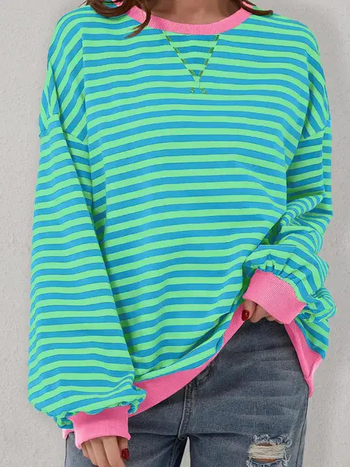 Trendy Oversized Striped Sweatshirt with Bold Trim: Red Stripe