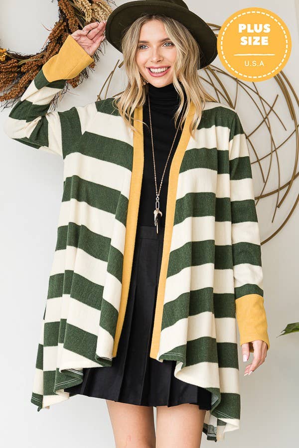 OPEN FRONT STRIPED DRAPED CARDIGAN - KRT1340: Olive