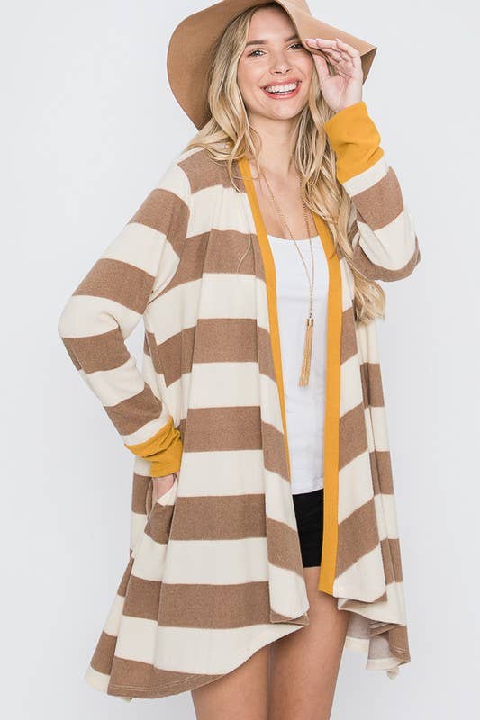 OPEN FRONT STRIPED DRAPED CARDIGAN - KRT1340: Olive