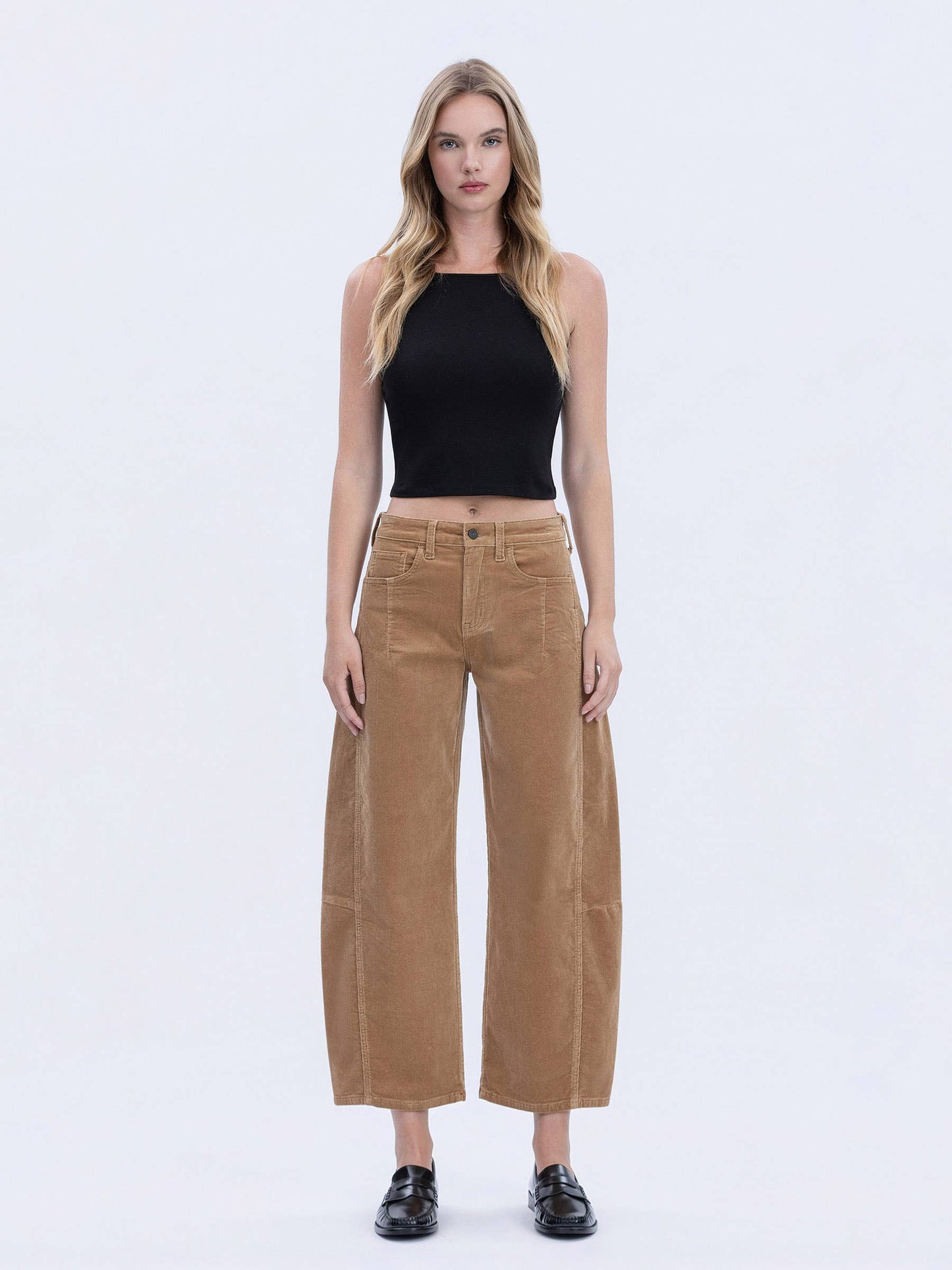 HIGH RISE SEAM DETAIL CORDUROY BARREL JEANS V3699CKK: KHAKI