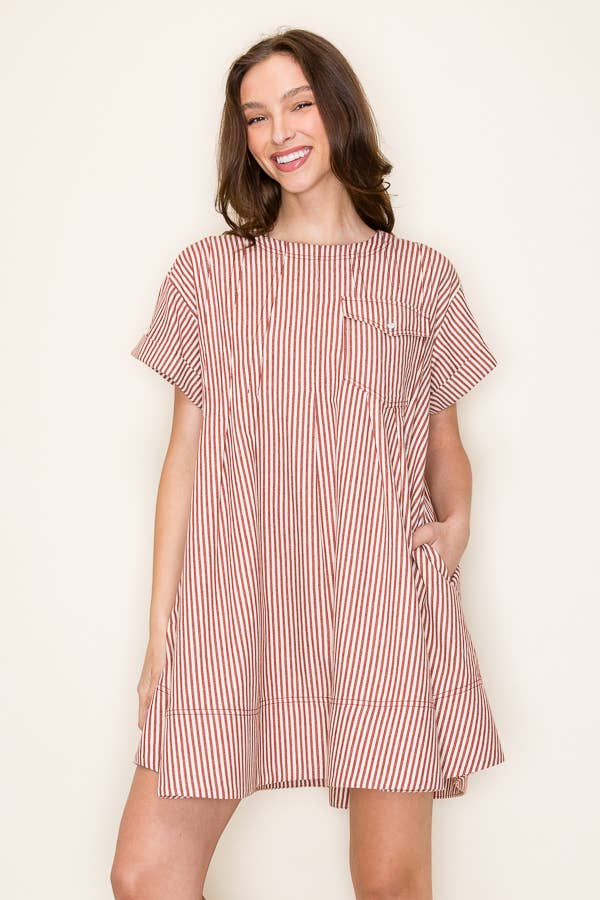 STRIPE SWING SHORT LOOSE FIT DRESS- SDD6375: RED STRIPE