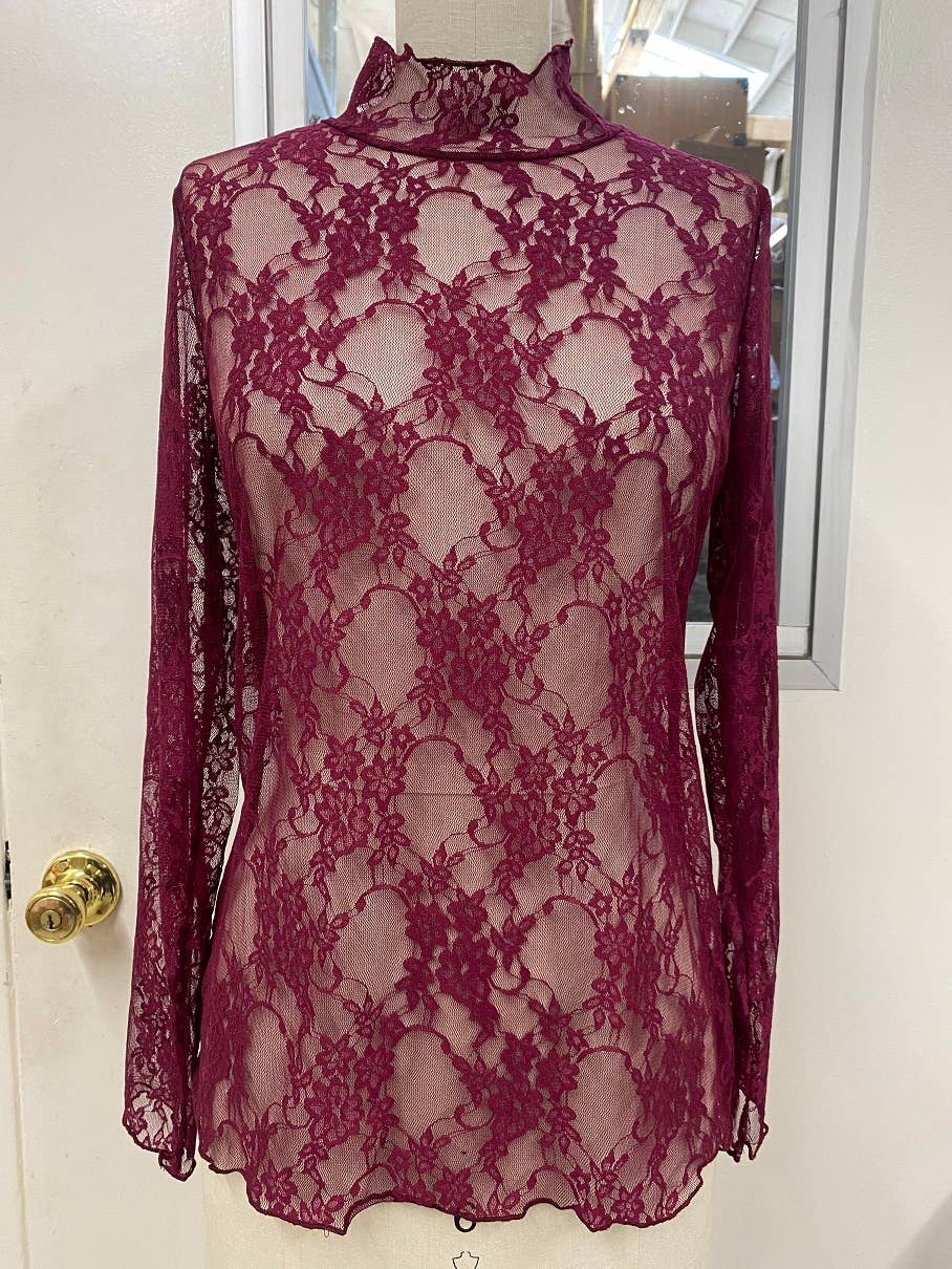 Floral print lace long sleeves top KRT1739 (Plus available): BLACK and White