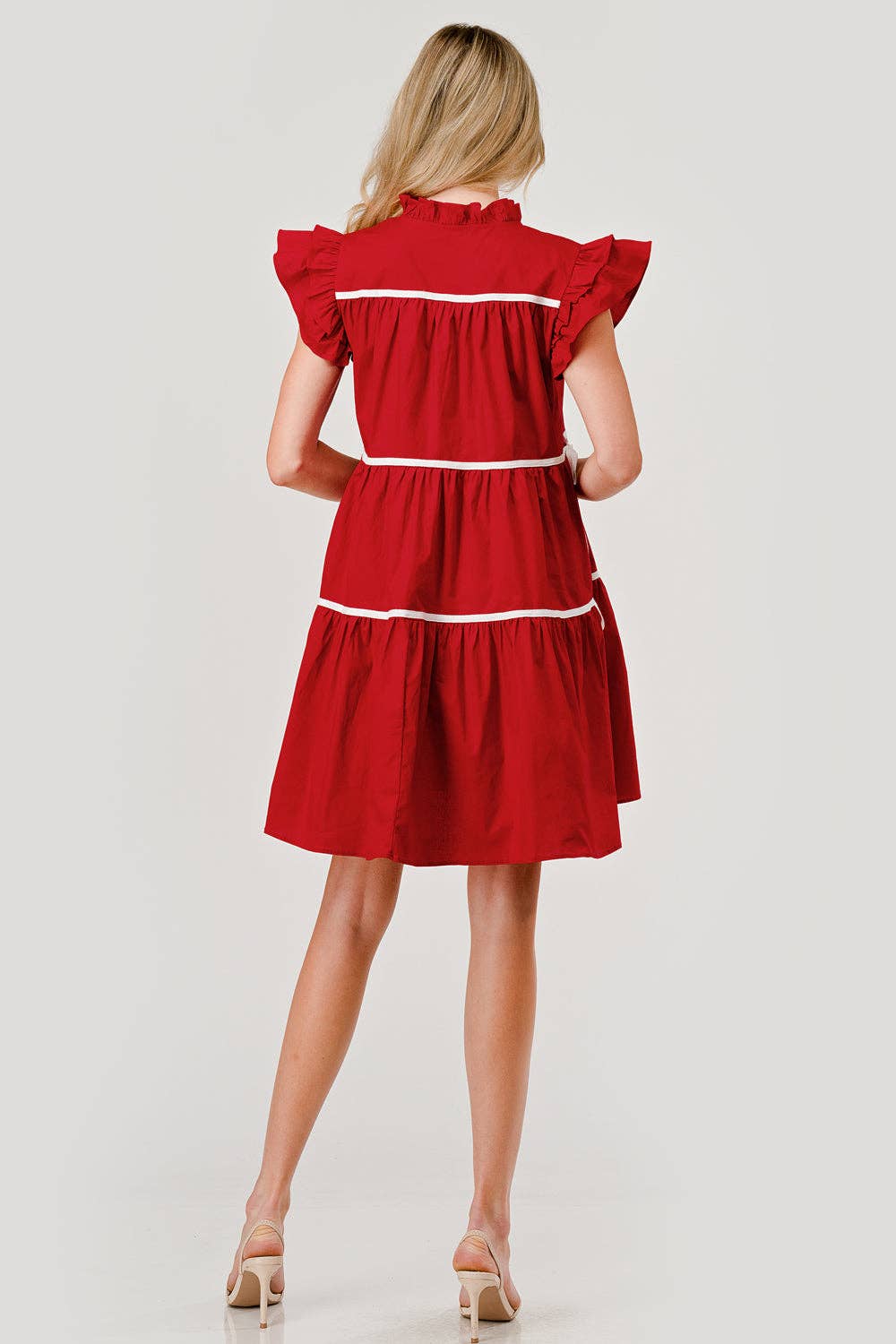 Ashby Tiered Contrast Piping Ruffle Poplin Dress in Ruby Red