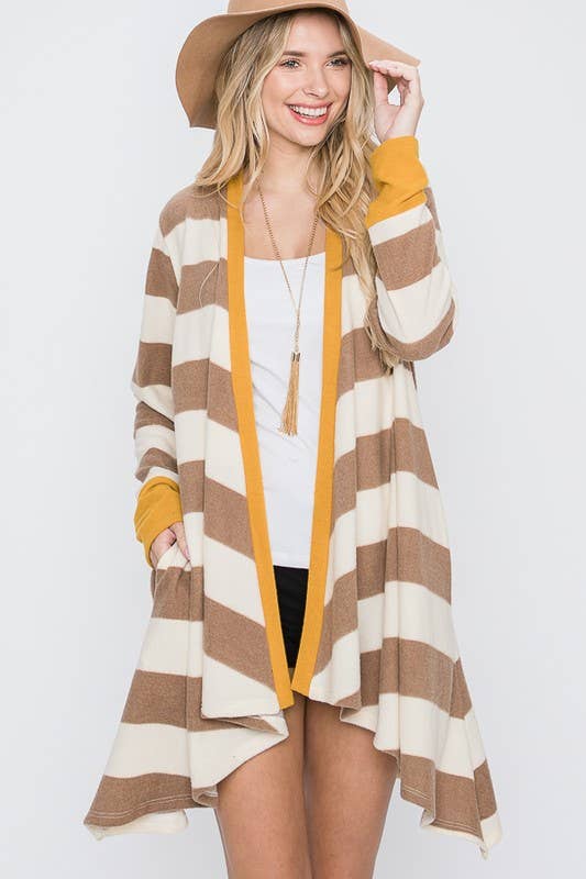 OPEN FRONT STRIPED DRAPED CARDIGAN - KRT1340: Olive