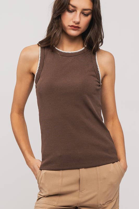 Structure Knit Casual Tank Top: Brown / S-2/M-2/L-2