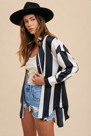 Wide Strip Tan and Black Blouse