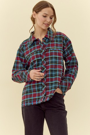 Plaid Long Sleeve burgundy and blue