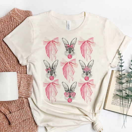 Coquette Tee Easter Bunny and Pink Bows Collage T-Shirts:  / Cream