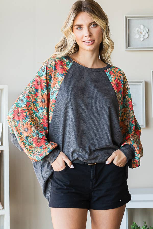 Western Oversized Fit Top with Dolman Floral Sleeves-HT12346: L / Charcoal