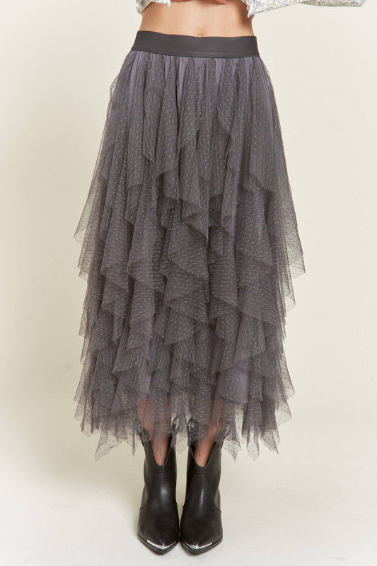 Layered Polka Dot Mesh Lined A-Line Midi Skirt JJB6007:  / GREY